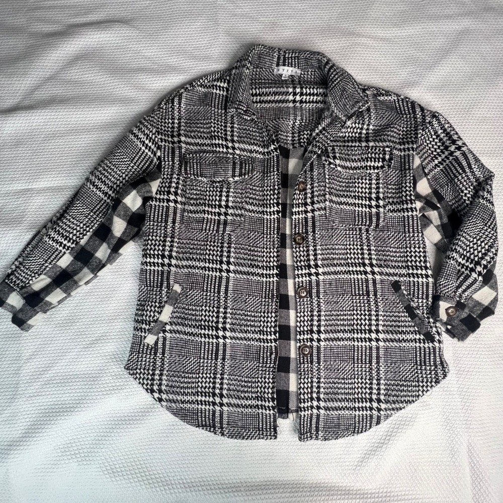Womens Plaid Flannel Shacket Black White Houndstooth Buffalo Checkered Small